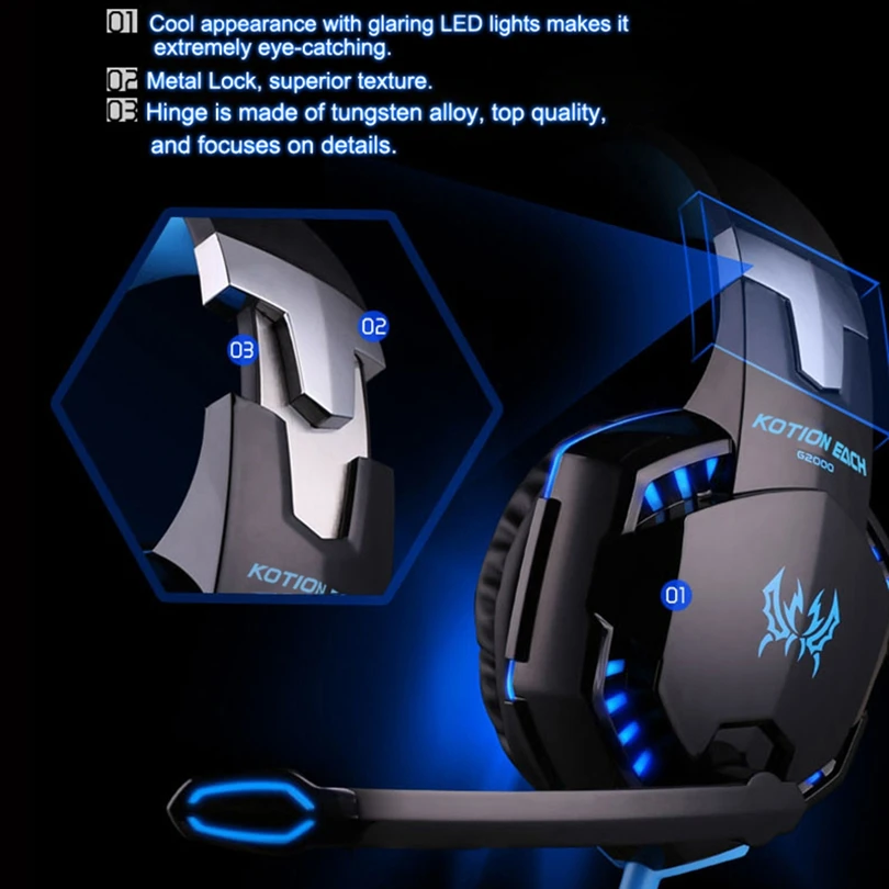 KOTION EACH G2000 G9000 игровые лучшие наушники с глубокими басами, стереогарнитура для ПК, для компьютерных игр, наушники с микрофоном, светодиодный свет