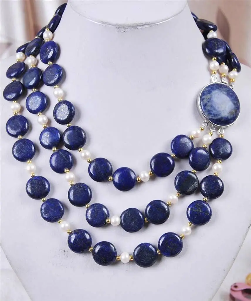 

wholesale Natural 3Rows White Akoya Cultured Pearl & Coin Lapis Lazuli Necklace 18-20"