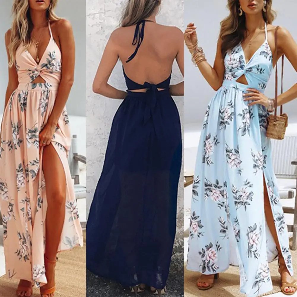 

60%HOTWomen Dress Floral Print Halter Summer Off Shoulder Backless Sundress for Beach