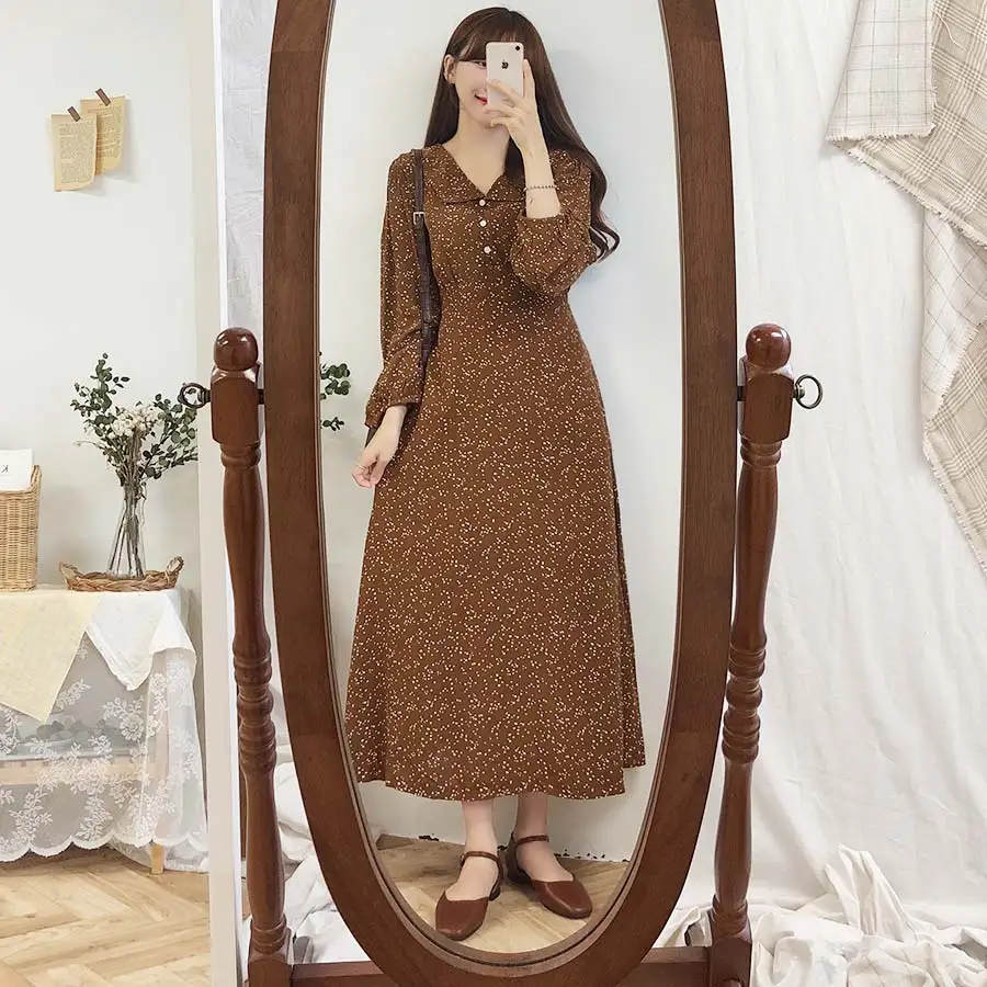 Женское винтажное платье в горошек длинное базовое с длинным рукавом корейском и