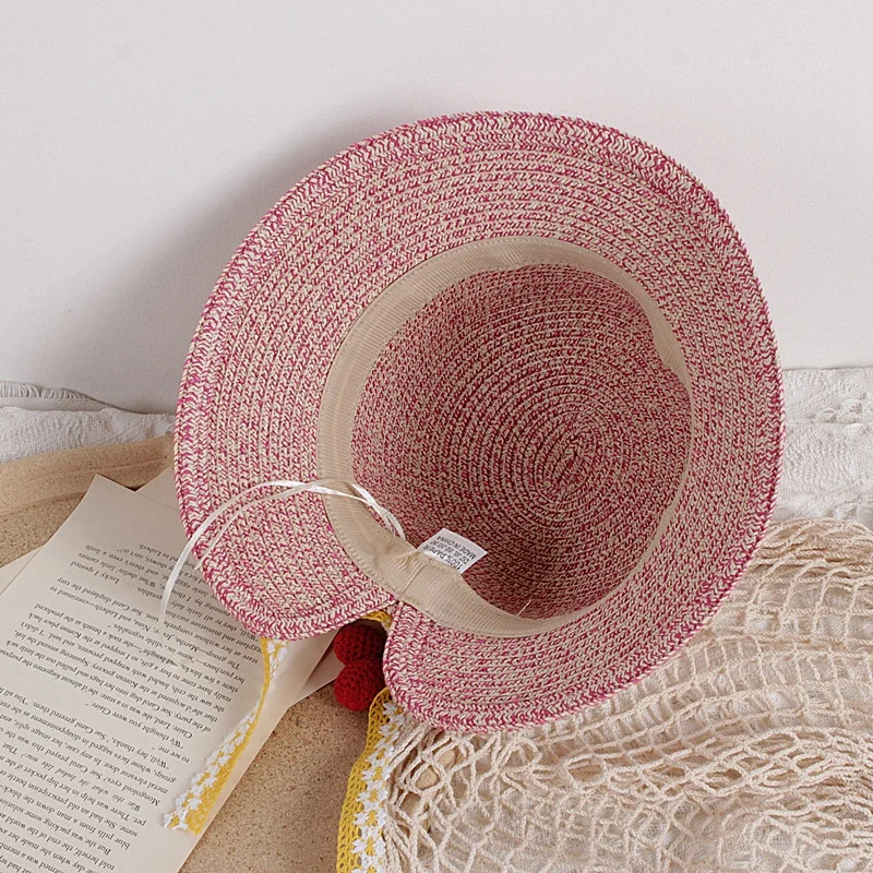 

2020 Girls Summer New Hats Straw Baby Sun Hat With Lace Bow Cherry Kids Summer Hat wave Brim Sunbonnet Children Straw Hats