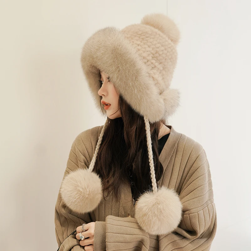 

Real Mink Fur Hat Women's Winter Hat 2022 Russian Ushanka Aviator Trapper Earflap Bomber Hat With Fox Fur Pom H2867