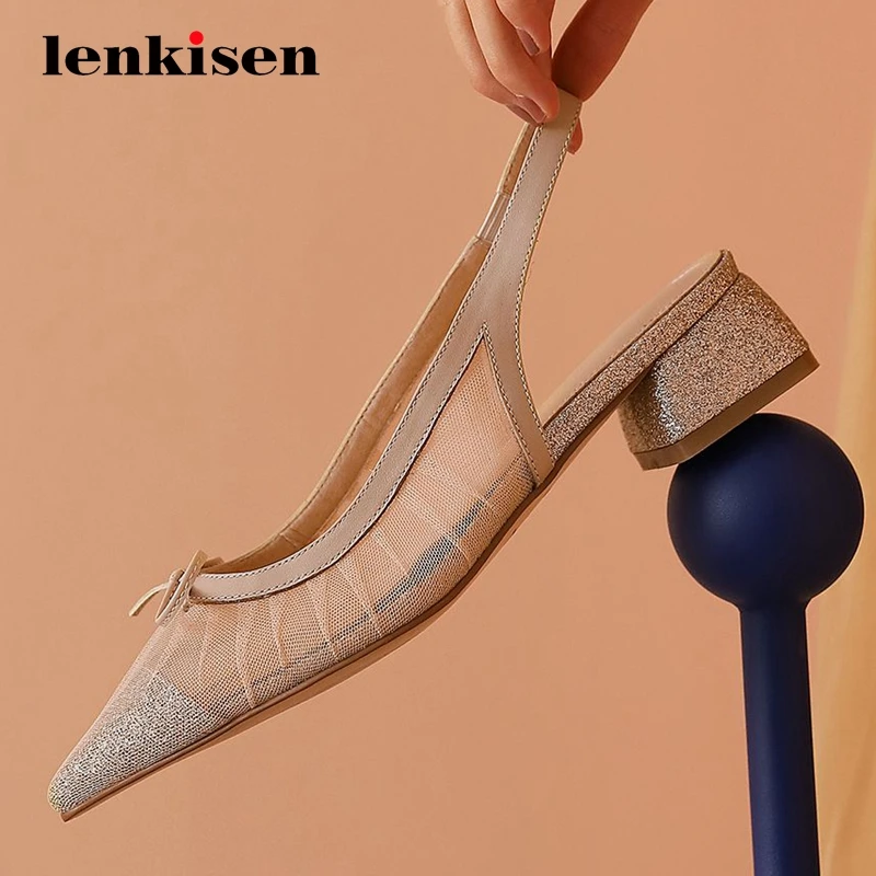 

Lenkisen gladiator bling butterfly-knot fairy air mesh sunscreen pointed toe med square heel elastic band model women pumps L57