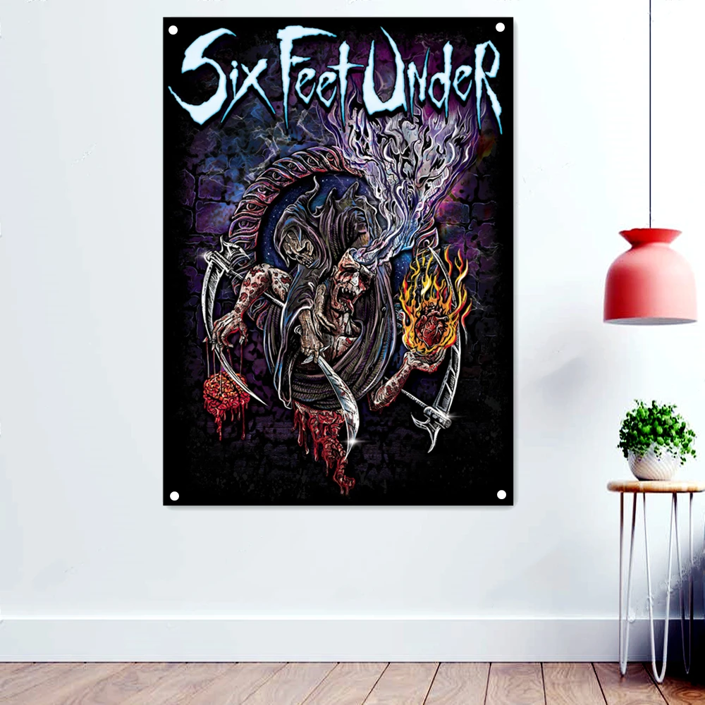 

Six Feet Under Scary Dark Art Flags Retro Wall Hanging Cloth Rock Band Death Metal Music Posters Skull Tattoo Banners Stickers