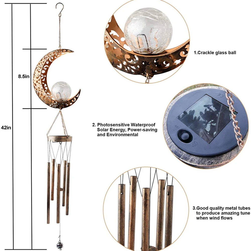 

Creative Moon Sun Shape Wind Chime Solar With LED Light Moon Sun Crackle Glass Ball Ornaments Garden Patio Room Home Decortaion