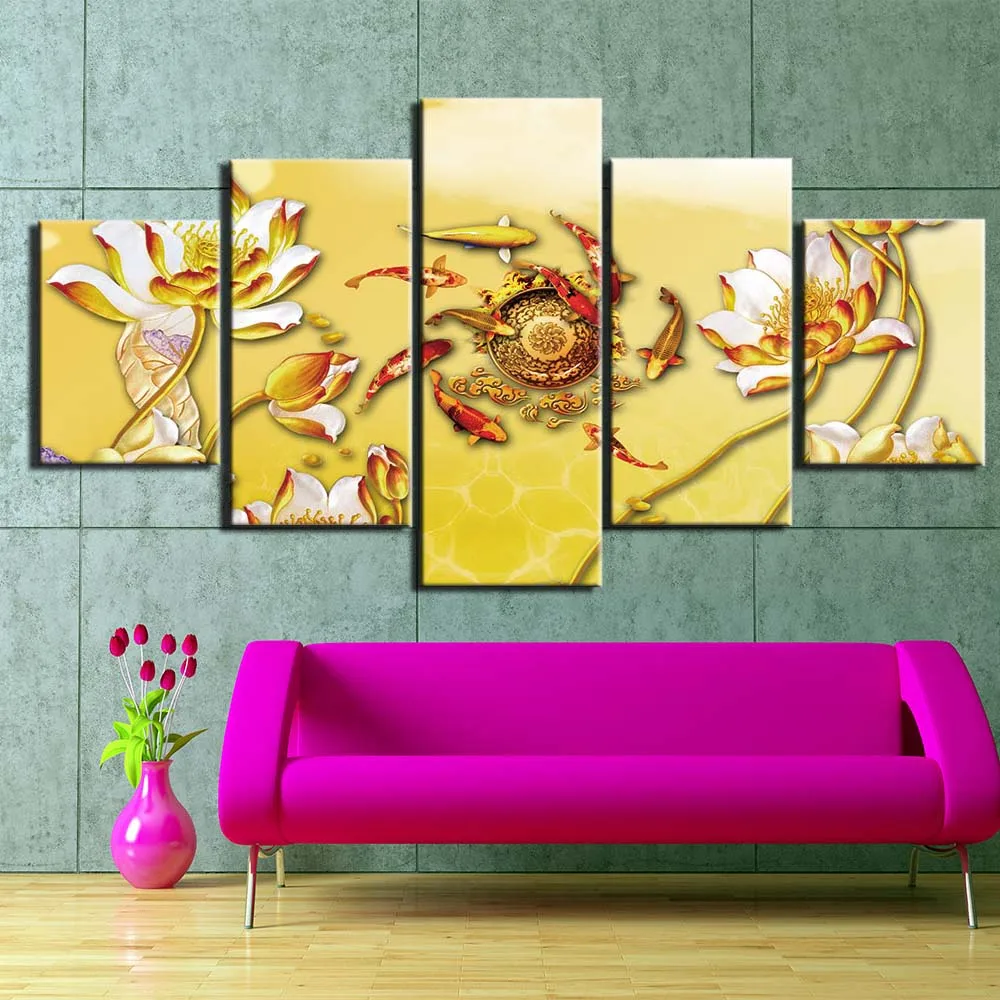 

Home Decor Canvas Lotus Pictures Wall Art Carp Paintings Chinese Style Prints Golden Modern Modular Poster Living Room Framework