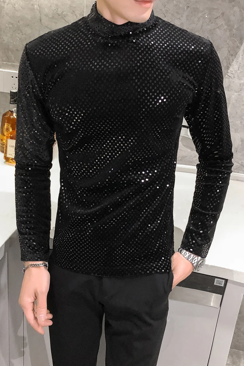 

Autumn Sequins 2021 Velvet Men T-shirt Long Sleeve Turtleneck T-shirt Hip-Hop Streetwear Casual Slim Fit Tees Men Clothing M-5XL