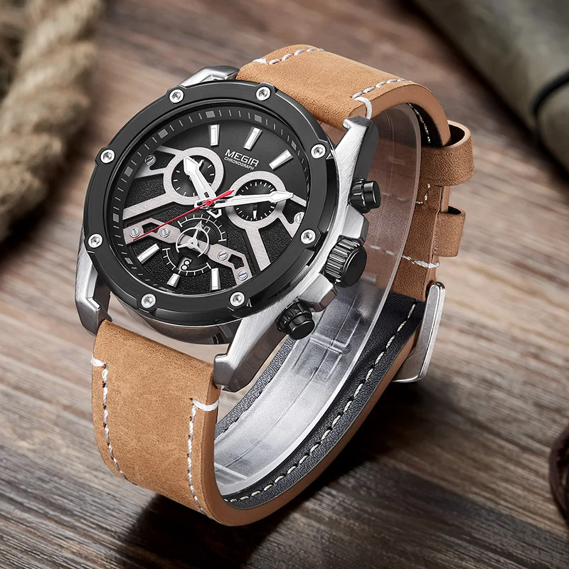 

MEGIR Big Dial Mens Watches Top Brand Luxury Waterproof Sport Chronograph Army Military Quartz Wrist Watch Man with Leather Band