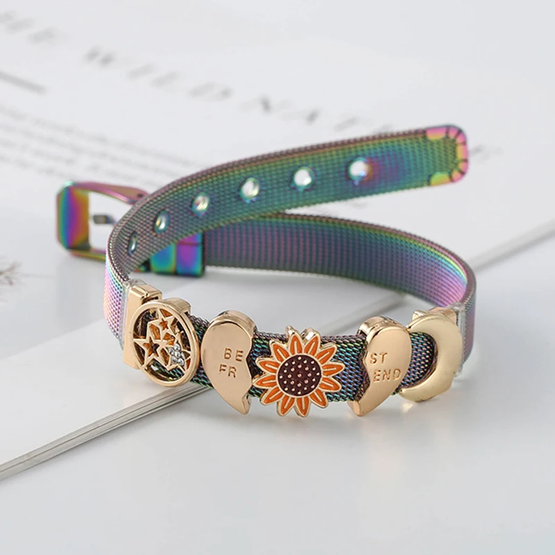 

10mm Stainless Steel Mesh Bracelets With Moon Star Best Friend Charm Slide Beads Bracelets Bangles For Women Friend Jewelry Gift