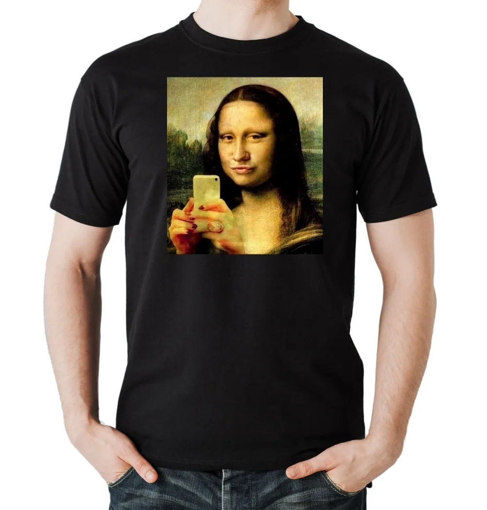 Селфи Мона футболка Черная Лиза да Винчи телефон Лувр живопись искусство Высокое