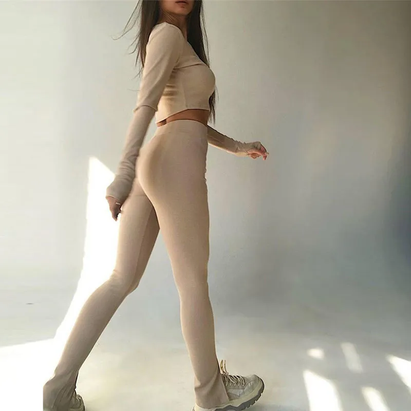 Женский трикотажный облегающий комплект однотонный топ с длинным рукавом