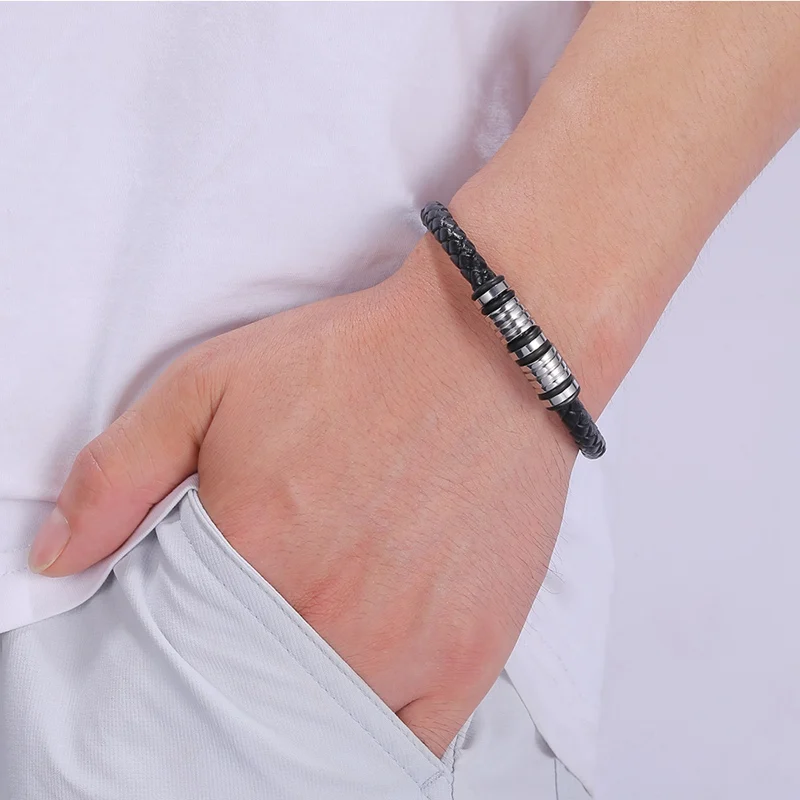 Классический черный кожаный браслет FORTAFY Мужские Винтажные Ювелирные изделия