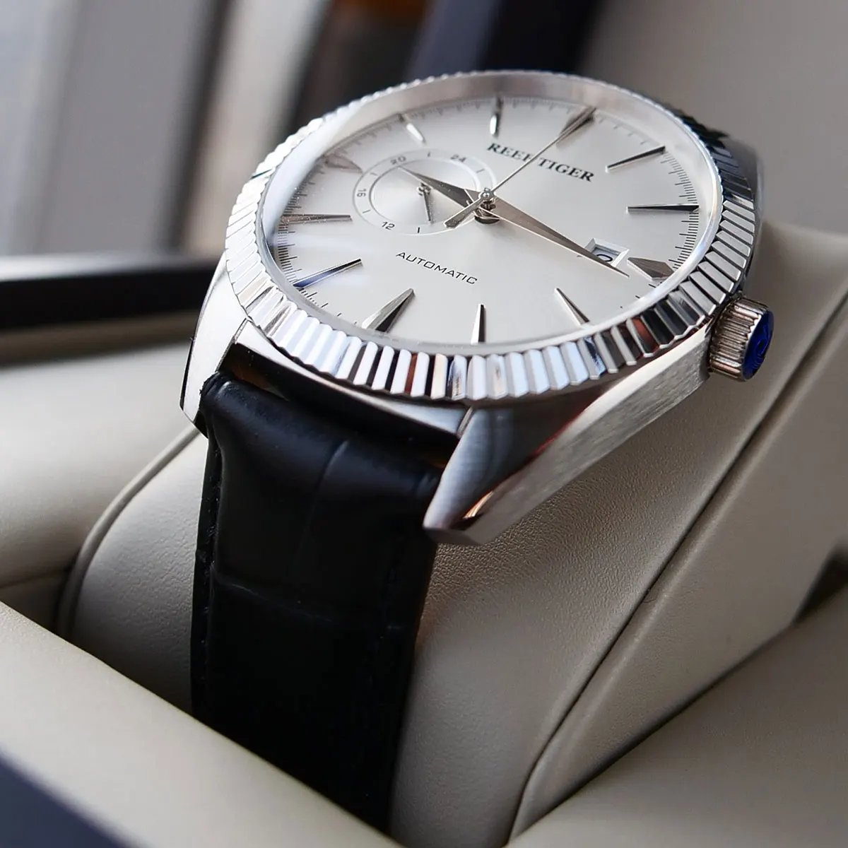 Риф Тигр/RT Роскошные нарядные часы для мужчин Стальной коричневый кожаный