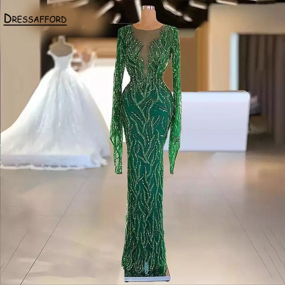 

Dubai Silver O-Neck Mermaid Evening Dresses Design 2022 Luxury Long Sleeves Sequins Beading Evening Gown