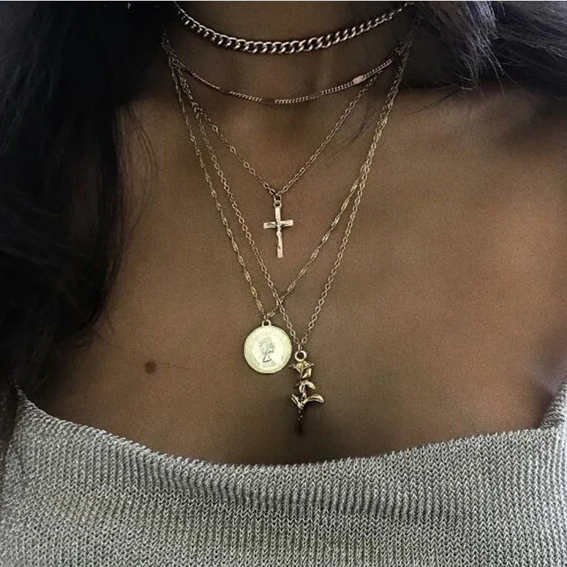 Adolph Fashion Multiple Layers Cross Necklaces For Women Charm Gold Color Chokers Necklace Boho Collares Female Party Jewelry | Украшения и