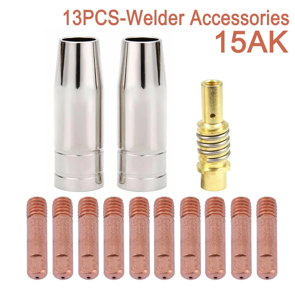 

13Pcs 15AK MIG Torch Consumables 0.6mm 0.8mm 0.9mm 1.0mm 1.2mm Welding Tips Gas Nozzles Diffuser For EU Style 15AK Welding Torch