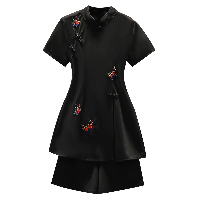 

2021 Women's Summer Black Sets Chinese Cheongsam Style Embroidery Tops + Short Pants Outfits Two-Piece Ladies' Suits