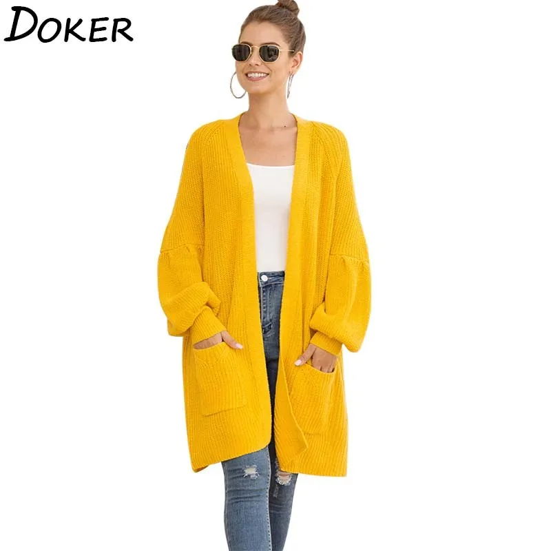 

Oversized Solid Long Cardigan Sweater Women Winter V-neck Lantern Sleeve Casual Sweater Loose Coat Female Elegant Knitted Tops
