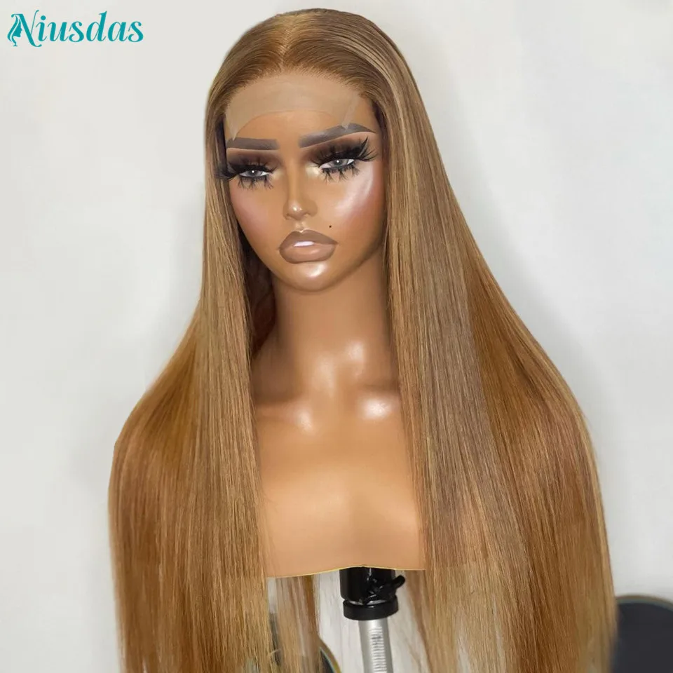 Brazilian #27 Straight Closure Wigs For Women Human Hair 4*4 Honey Blonde Lace Front Wig Human Hair Wigs Pre plucked Niusdas enlarge