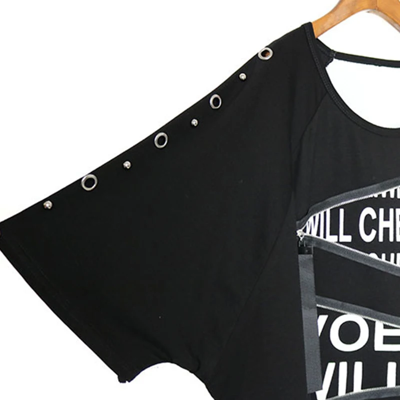 

Black Punk Women Hipster Loose T-shirt 2020 Lady Cool Eyelet Rivet Irregular Zippers Back Big Print Harajuku Tshirt Hip-hop Top
