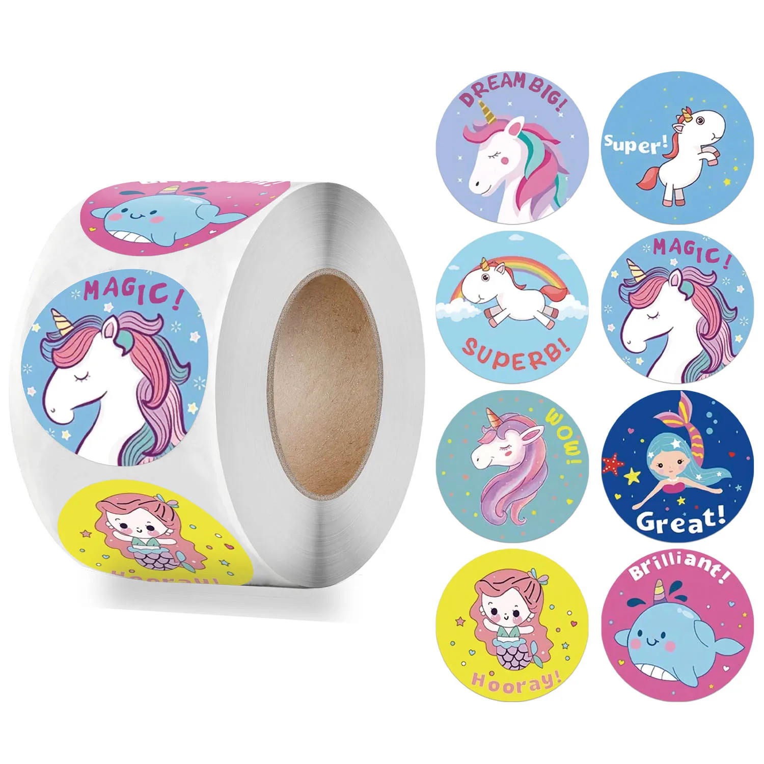 

Cartoon Unicorn Sticker for Kids 100-500pcs Round 8 Designs Motivational Sealing Labels School Teacher Supplies Reward Stickers