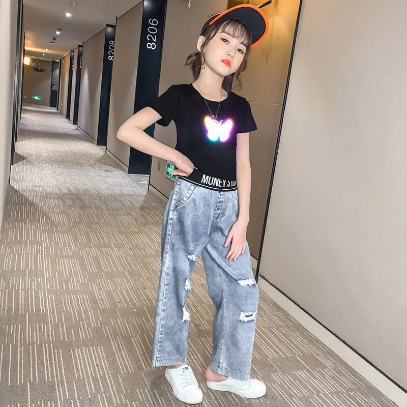 

Teenage Summer Fashion T-shirt Set Kids Girls Luminous Reflective Butterfly Print Short Sleeves+Wide leg Jeans Pants 2pc Outfit