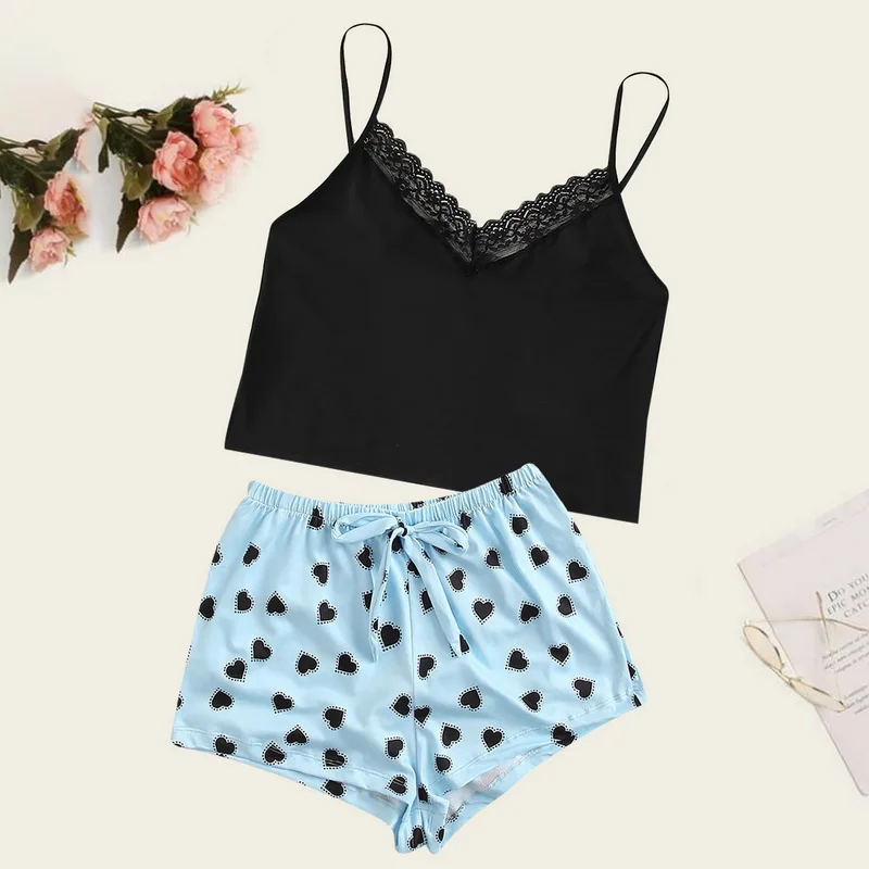 

Women Sexy Lingerie Heart Print Camisole With Satin Shorts Pajama Set Summer Sleeveless Sleepwear Underwear