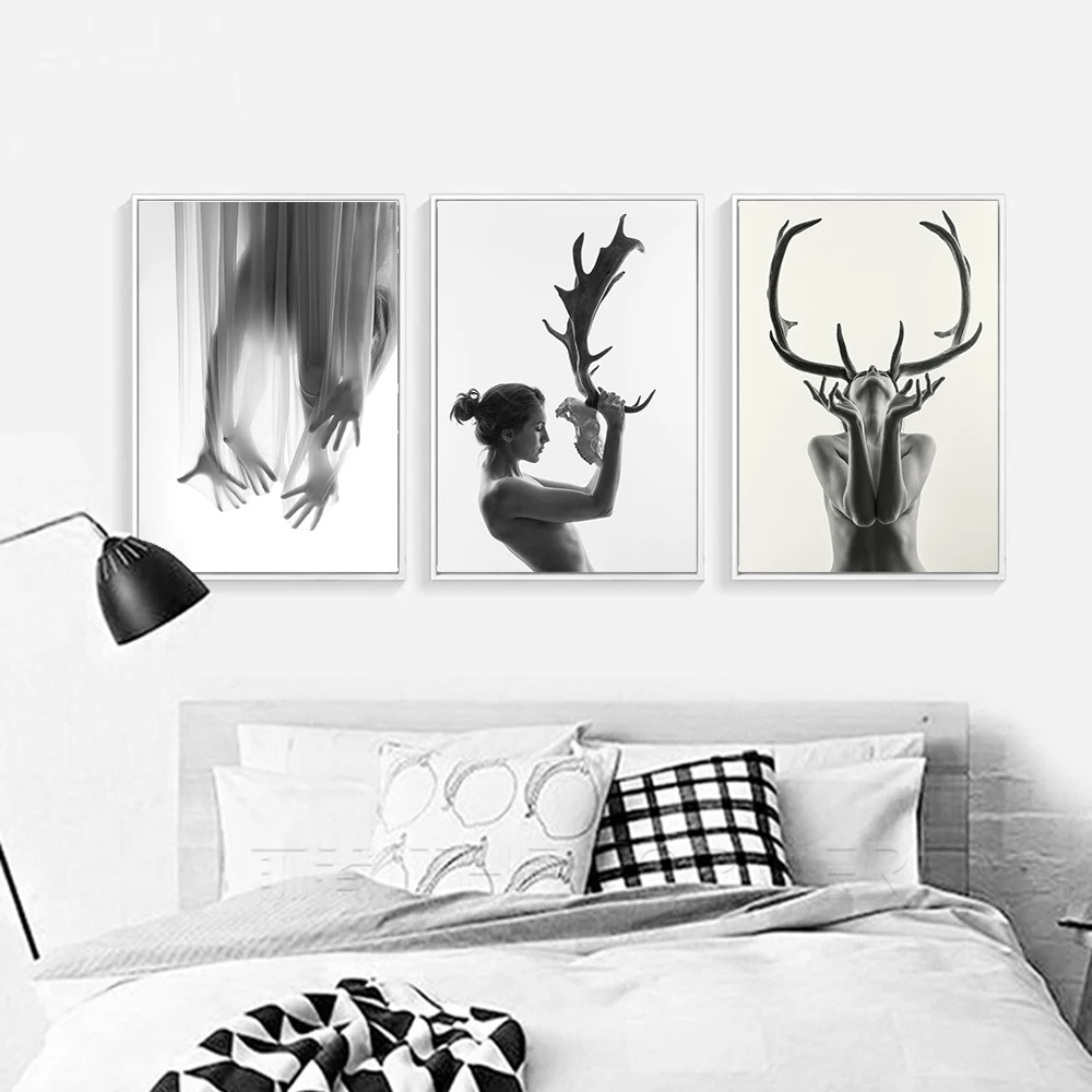 

Woman Nude Painting Abstract Black and White Antlers Woman Canvas Poster Wall Art Pictures for Living Room Home Decor