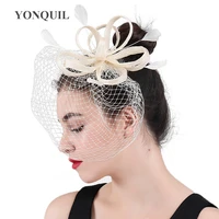 mesh fascinator headband for weddings women hair accessories with feather headwear bride veilling vintage headdress with hairpin