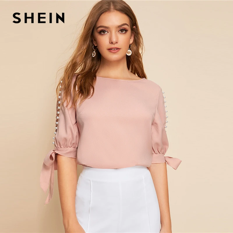 SHEIN цельный жемчуг бисер сбоку браслет с узелком Элегантная блузка женские топы осень Половина рукава базовые блузки для молодых девушек