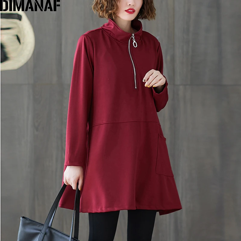 BuY3113-hong DIMANAF, весна размера плюс, женские толстовки, свитшоты, повседневные женские топы, Свободный пуловер, длинный рукав, водолазка, рубашки на молнии - Цвет: BuY3113-hong