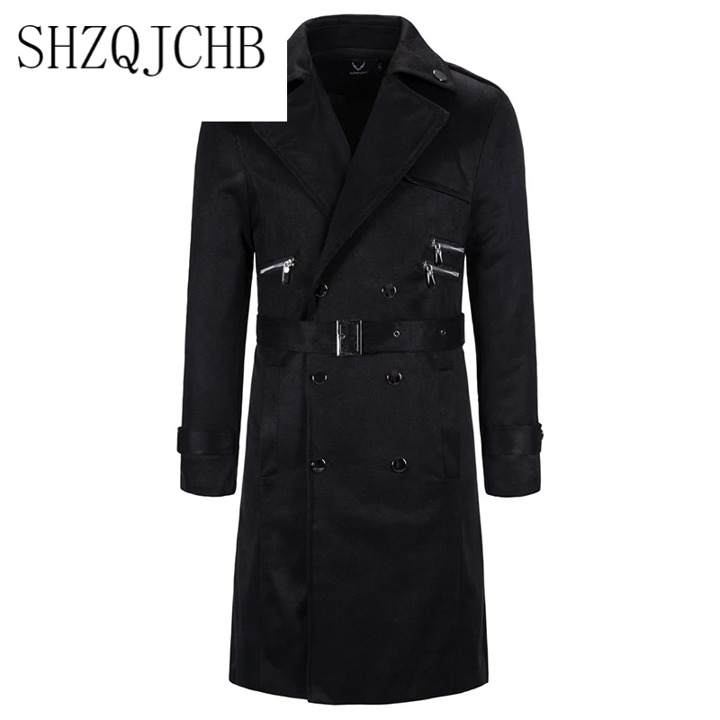 

New Autumn Long Trench Coat Men British Style Double Breasted Pea Coat Men Fashion Sashes Windbreaker Jacket Brand Men Overcoat