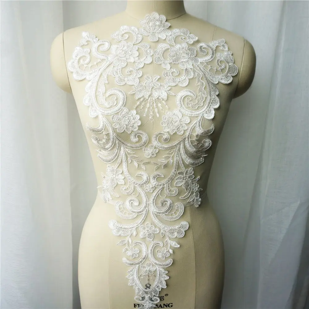

White Sequin Lace Fabric Wedding Gown Appliques Baroque Trims Collar Mesh Embroidered Sew On Patches For Dress DIY Decoration