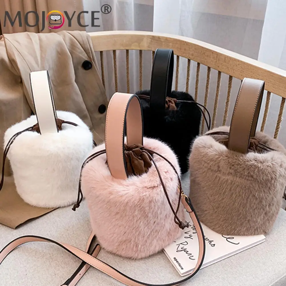 

Autumn Winter Casual Women Soft Plush Faux Fur Shoulder Crossbody Bucket Bag Fashion Solid Color Drawstring Small Handbags