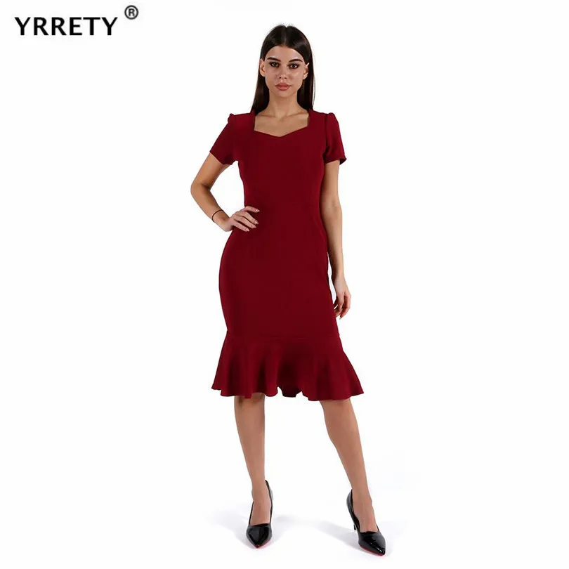 

YRRETY Women's Fashion Sexy Dress Party Bodycon Fishtail Knitted Short Sleeve Square Collar Ruffle Ladies Package Hip Vestido