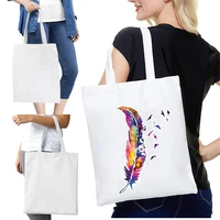 womens shopper shopping bags feather pattern female canvas tote shoulder eco handbag reusable grocery foldable bag