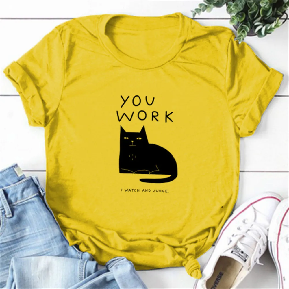 

Female Tshirt Cartoon Funny Cat Print Basic Tops for Women Graphic T Shirts Summer Short Sleeve Tees