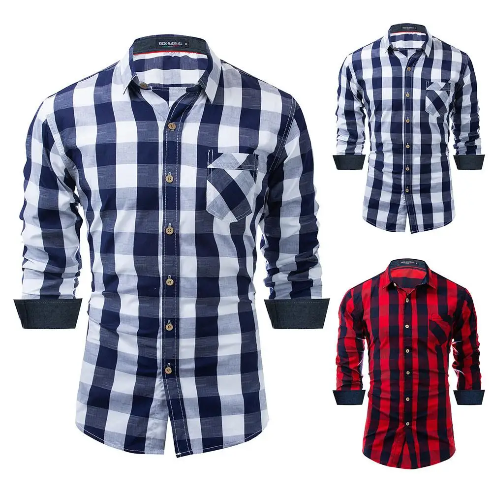 

Mens Long Sleeves Shirts Plaid Lapel Blouse Slim Fit Tops Casual Office Comfort Plus Size