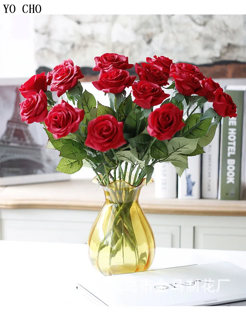 

YO CHO Real Touch Rose Aritificial Flowers 1 Single Branch Silk Red Rose Artificial Flower Decoration for Wedding Home Decor