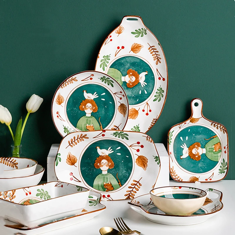 

Ceramic Tableware Cartoon Maiden Green Cute Round Shape Plate Kitchen Porcelain Creativity Flower Bowl Japanese Dish Set