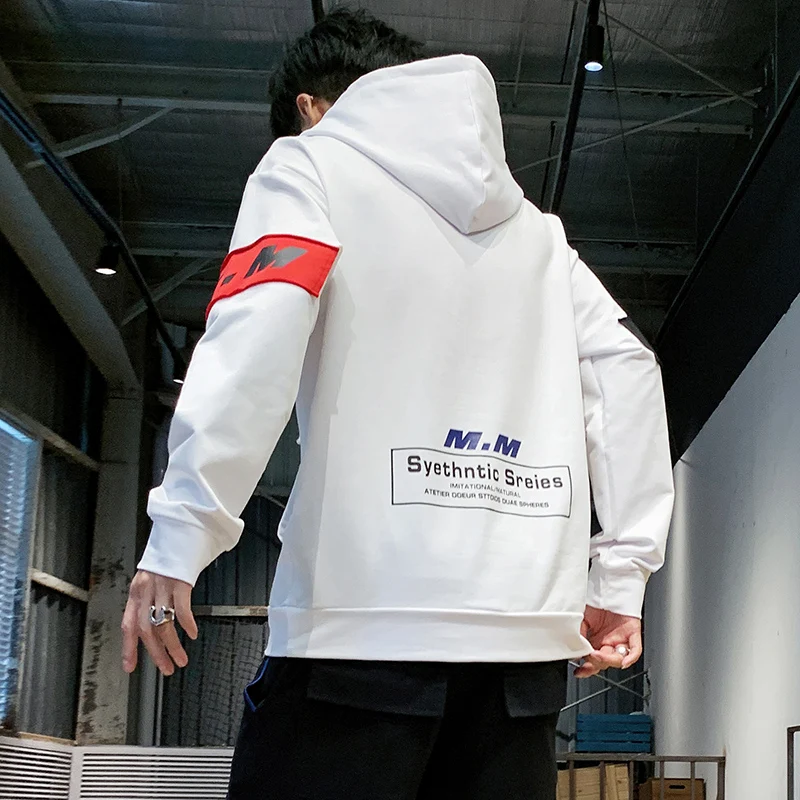 Толстовка мужская приталенная с капюшоном белый пуловер в стиле хип хоп модная