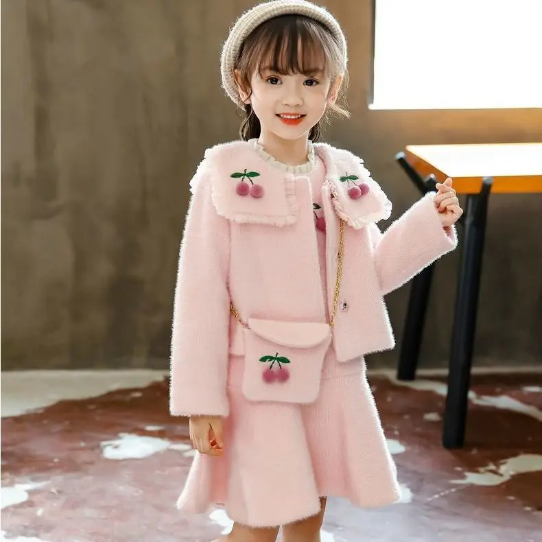 

2021 Autumn Winter Girls Teens Party Dress Chic Dress Suits 2pcs Children Girls Elegant Vest Dress + Jacket Coat Suit Set D290