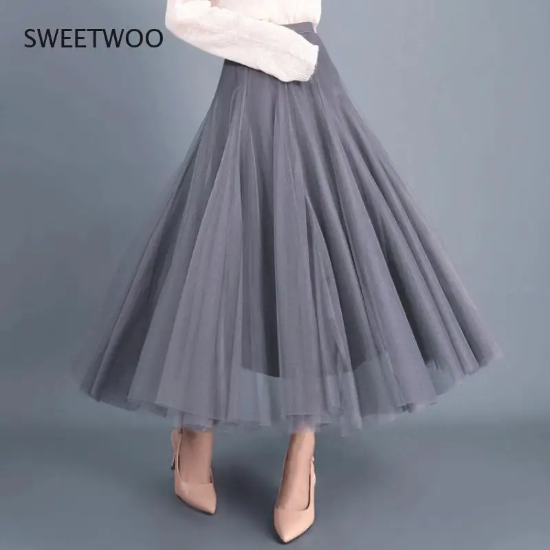 

2021 New Women's Autumn and Winter Big Fluffy and Ankle-Length Skirt High Waist Slim Fairy Skirt Mesh Skirt A-Line Skirt