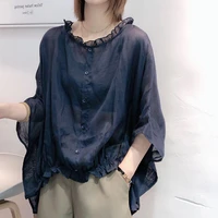 2020 summer new arts style women batwing sleeve loose shirts vintage cotton linen casual blouses big size femme blusas m145