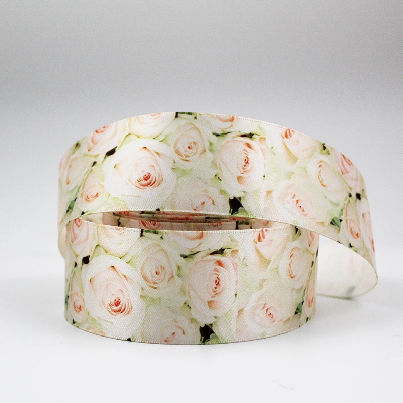 

White rose/flower printed satin ribbon 16-50mm Gift Bow Craft Wedding Party Supplies Silk Sewing Accessories Fabric 10 yards