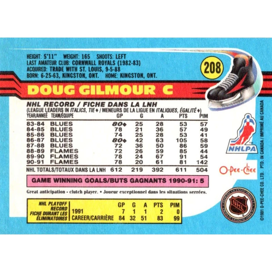 O-Pee-Chee 1991 Коллекционная хоккейная карточка №208 Doug Gilmour | Игрушки и хобби