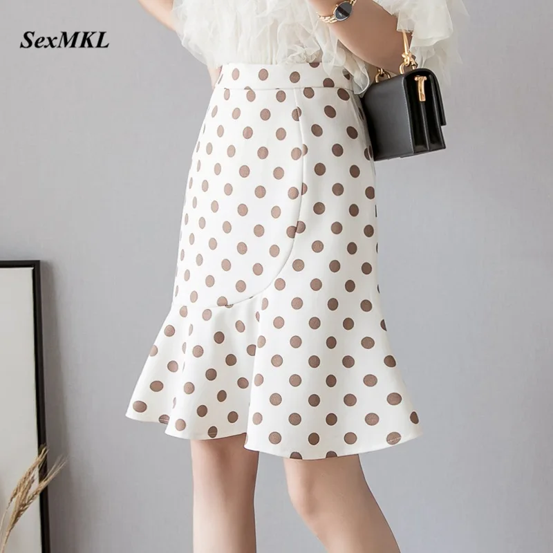 

Летние элегантные юбки в горошек, Женская мода 2023, шифоновая юбка с высокой талией, одежда в Корейском стиле, облегающая привлекательная офисная черная юбка