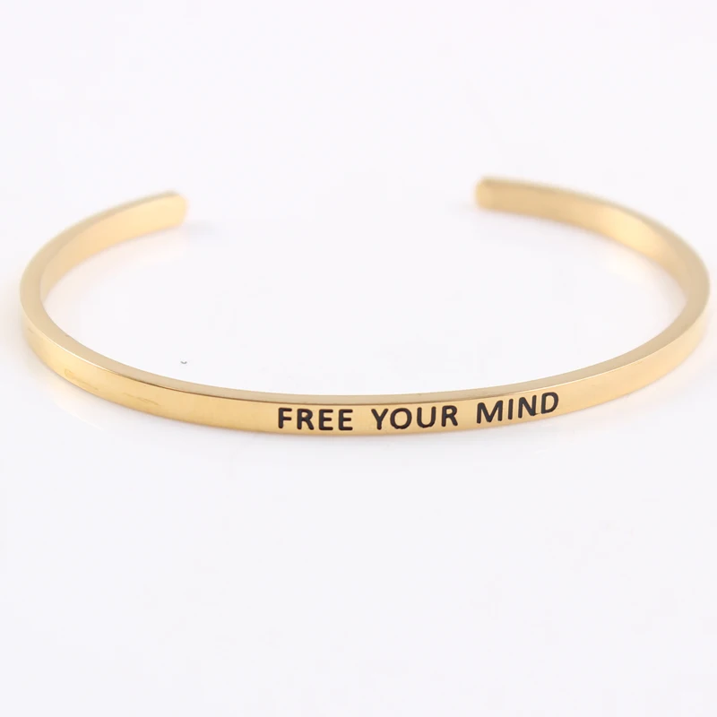 2021 Hot Gold Color Stainless Steel Bar Bangle Engraved Positive Inspirational Quote Hand Imprint Cuff Mantra Bracelet for Women | Украшения