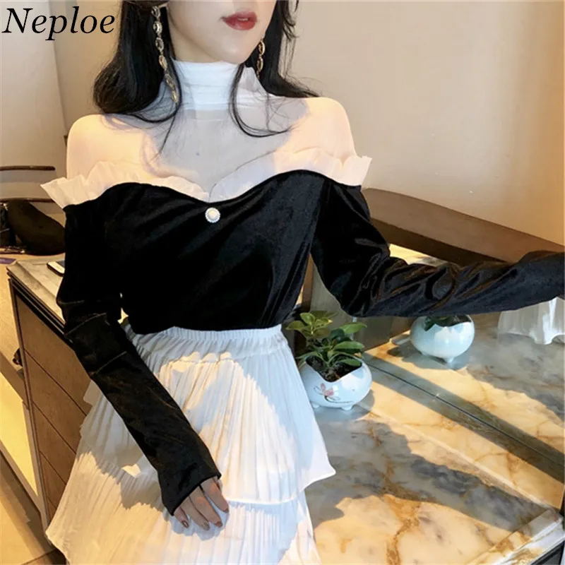 Neploe Ruffles Patchwork Women T-shirt Female Elastic Long Sleeve Pullover 2020 AutumHigh Neck n Vintage Grace Elegant Top 69118 | Женская
