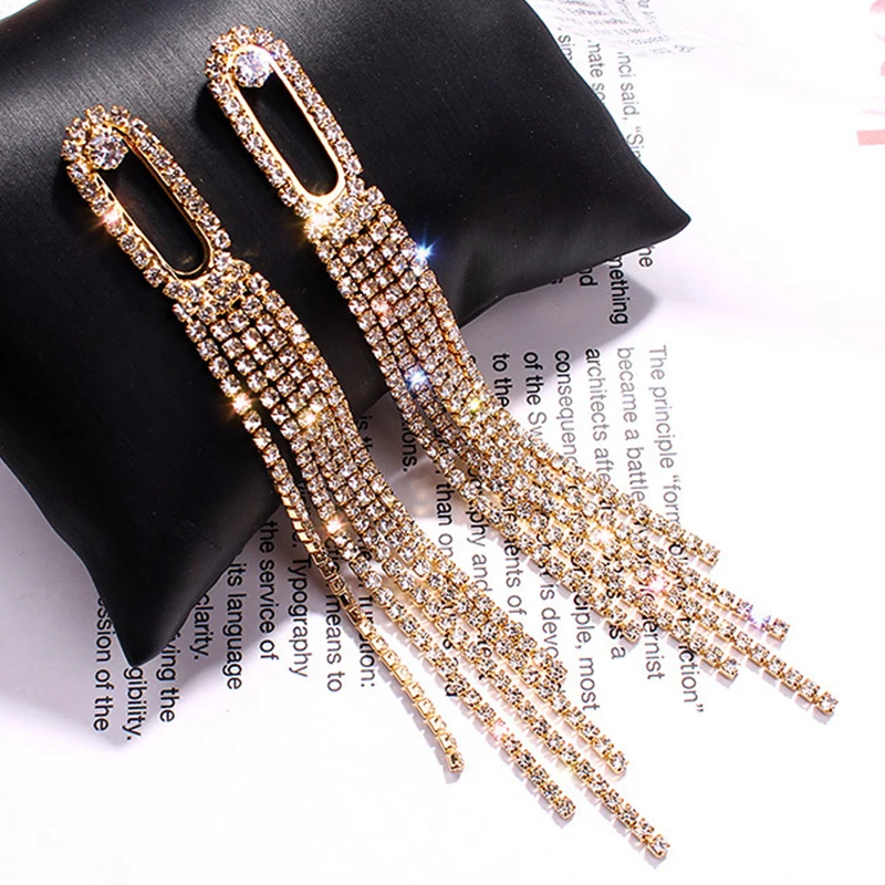 

Fashion Long Tassel Full Rhinestone Drop Earrings for Women Shiny Crystal Water Drop Flowers Dangle Earring Party Jewelry Gifts